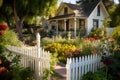 A delightful cottage with a white picket fence, a vibrant garden, and a cozy porch that welcomes you to sit and unwind.