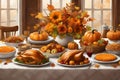 AI-generated image presents a delightful Thanksgiving scene, featuring a table of food