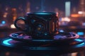 AI-generated image presents a detailed 8K panorama of a night scene featuring a cup of coffee.