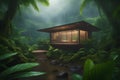 AI-generated image presents a green, lush house nestled and vibrant rainforest