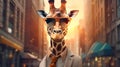 A magnificient trendy funny giraffe, wearing sunglasses and a suit Generative AI