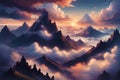 cloudy sunset mountain peaks poke out of the clouds in mountains pathways Royalty Free Stock Photo