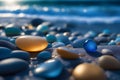 AI-generated image presents a visually captivating display of blue pebbles at the ocean-shore