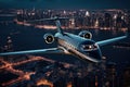 Private Jet flying over city at Night Royalty Free Stock Photo