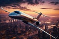 Private Jet flying over city at Sunsett Royalty Free Stock Photo