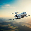 AI Generated Image of a Private Jet Soaring Over a Landscape at Dusk Royalty Free Stock Photo