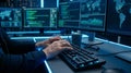 Cybersecurity Programmer Working with Multi-Screen Code Interface in Data Center Royalty Free Stock Photo