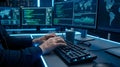 Cybersecurity Programmer Working with Multi-Screen Code Interface in Data Center Royalty Free Stock Photo