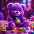 AI generated image of a purple fluffy teddy bear standing in a magical candy land