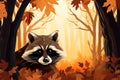 Raccoon peeking out from behind trees vector fall background