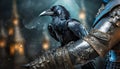 Raven sitting on knights arm