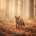 AI-Generated image of a red fox moving gracefully along a leaf-covered path in a misty autumn forest Royalty Free Stock Photo