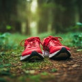AI-Generated Image: Red Running Shoes on Forest Path for Active Lifestyle Royalty Free Stock Photo