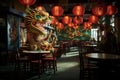 AI generated image. Restaurant decorated with lanterns and dragons for Chinese Lunar New Year festival Royalty Free Stock Photo