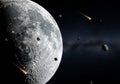 AI generated image results, Close View of the Moon with Passing Meteoroids in Space Royalty Free Stock Photo