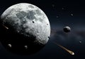 AI generated image results, Close View of the Moon with Passing Meteoroids in Space Royalty Free Stock Photo