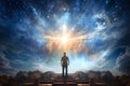 Road to Heaven. Man standing on stairs and looking at the light in the sky Royalty Free Stock Photo