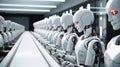 Rows of robots work on an assembly line in a factory Royalty Free Stock Photo