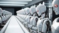 Rows of robots work on an assembly line in a factory