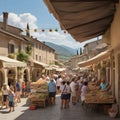 a rural Italian countryside town a small market scene with people browsing the stalls.