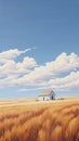 Rural landscape painting of a lonely house in a golden wheat field under a blue sky with white clouds in the background Royalty Free Stock Photo
