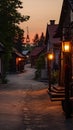 Rural village street with wooden houses at sunset in the style of realism