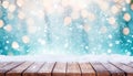 Winter background, snowy table, lights, and bokeh Royalty Free Stock Photo