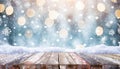 Winter background, snowy table, lights, and bokeh Royalty Free Stock Photo