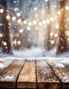 Winter background, snowy table, lights, and bokeh Royalty Free Stock Photo