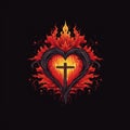 The Sacred Heart, a cross in the shape of a heart with fire flames. Vector illustration. Royalty Free Stock Photo