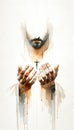Sacred Scars: The Stigmata of Christ. Hands of Jesus Christ with cross and blood. Digital watercolor painting.