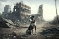 Sad Lonely Dog Sitting in a Destroyed City, Generated AI