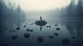 Silhouette of a person standing in stillness in the middle of a misty lake