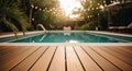 Ai generated image of serene backyard pool with wooden deck and lush greenery Royalty Free Stock Photo