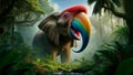 Mystical Jungle Elephant with a Rainbow Macaw Beak - AI generated digital art