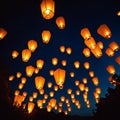 AI generated image of several flying lanterns in night skies