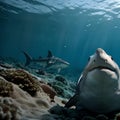 AI generated image of sharks in the depths of the sea