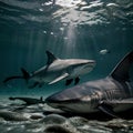 AI generated image of sharks lurking in the depths of the sea