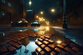 image depicts a charming scene of a brick road at night, illuminated by street-light