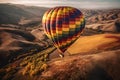 A colorful hot air balloon soaring high above a picturesque countryside.