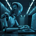 Futuristic Robot Analyzing Data in High-Tech Server Roo