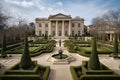 A magnificent mansion with a stunning entrance, featuring columns, a sweeping staircase, and beautiful gardens.
