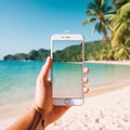 Digital Escape to Paradise: Smartphone by the Tropical Beach