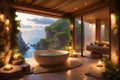 Luxurious bathtub placed in an open space surrounded by natural beauty. Royalty Free Stock Photo