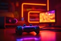 AI-generated image showcases a PlayStation controller fancy and new in neon background