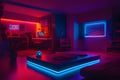 AI-generated image showcases a PlayStation controller in a neon-lit gaming space