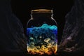 Bioluminescent fluid-preserved species in glass jars, AI Generative