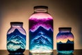 Bioluminescent fluid-preserved species in glass jars, AI Generative