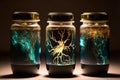 Bioluminescent fluid-preserved species in glass jars, AI Generative
