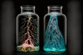 Bioluminescent fluid-preserved species in glass jars, AI Generative